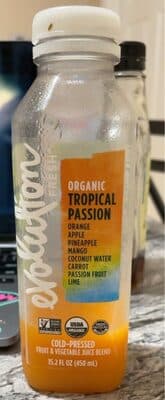 Organic Tropical Passion Orange, Apple, Pineapple, Mango, Coconut Water, Carrot, Passion Fruit, Lime Cold-pressed Fruit & Vegetable Juice Blend