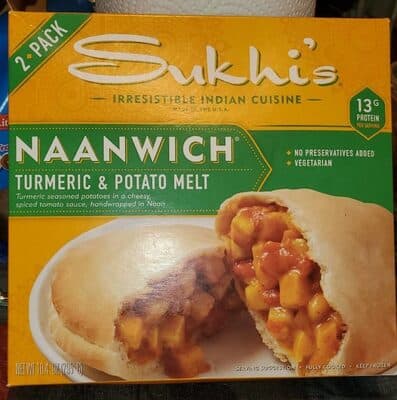Veggie Turmeric Melt Carrots, Peas and Potatoes Mixed in a Cheesy Tomato Turmeric Sauce, Handwrapped in Naan Naanwich