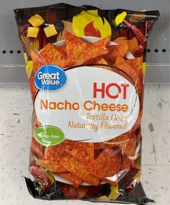Hot nacho cheese tortilla chips naturally flavored