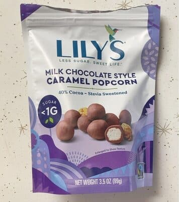 MILK CHOCOLATE STYLE 40% COCOA CARAMEL POPCORN, MILK CHOCOLATE STYLE