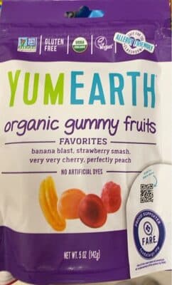 Banana Blast, Strawberry Smash, Very Very Cherry, Perfectly Peach Organic Gummy Fruits Favorites