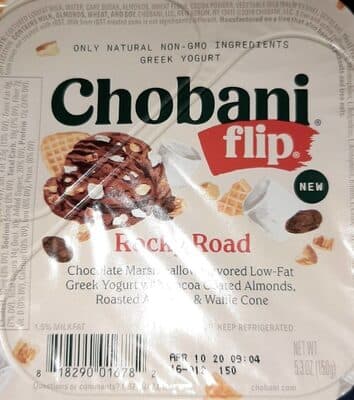 Rocky Road Chocolate Marshmallow Flavored Low-Fat Greek Yogurt With Cocoa Coated Almonds, Roasted Almonds & Waffle Cone
