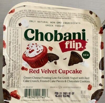 Red Velvet Cupcake Cream Cheese Frosting Low-Fat Greek Yogurt with Red Cake Crunch, Frosted Cake Pieces & Chocolate Cookies