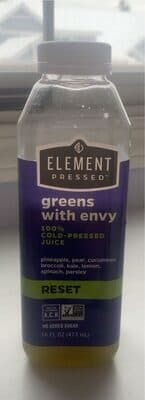 GREENS WITH ENVY COLD-PRESSED JUICE, PINEAPPLE, PEAR, CUCUMBER, BROCCOLI, KALE, LEMON, SPINACH, PARSLEY