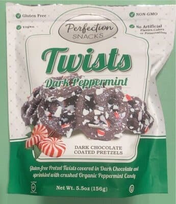 Dark Peppermint Gluten-Free Pretzel Twists Covered in Dark Chocolate and Sprinkled with Crushed Peppermint Candy
