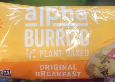 ORIGINAL BREAKFAST MEATLESS SAUSAGE-STYLE CRUMBLE, DAIRY-FREE HOT PEPPER CHEDDAR, RED AND GREEN PEPPERS AND ONIONS WITH GOURMET SEASONED TOFU SCRAMBLE PLANT-BASED BURRITO, ORIGINAL BREAKFAST