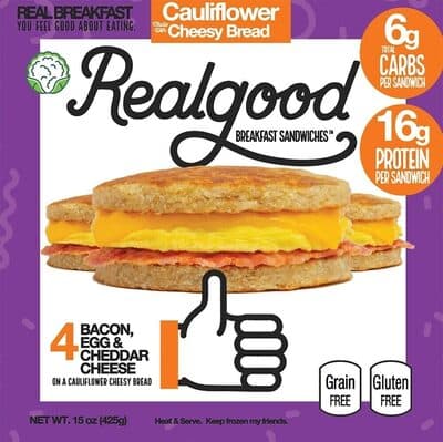 Bacon, Egg & Cheddar Cheese on a Cauliflower Cheesy Bread Breakfast Sandwiches