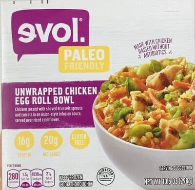 Unwrapped Chicken Tossed With Shaved Brussels Sprouts And Carrots In An Asian-Style Infusion Sauce, Served Over Riced Cauliflower Egg Roll Bowl