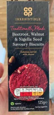 Beetroot, walnut and nigella seed savoury biscuit