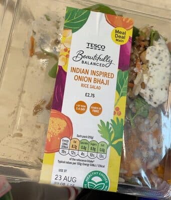 Indian inspired onion bhaji rice salad