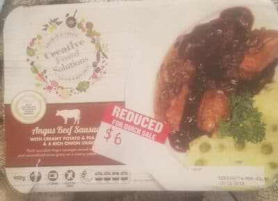 Angus Beef Sausages with creamy potato & peas & a rich onion gravy