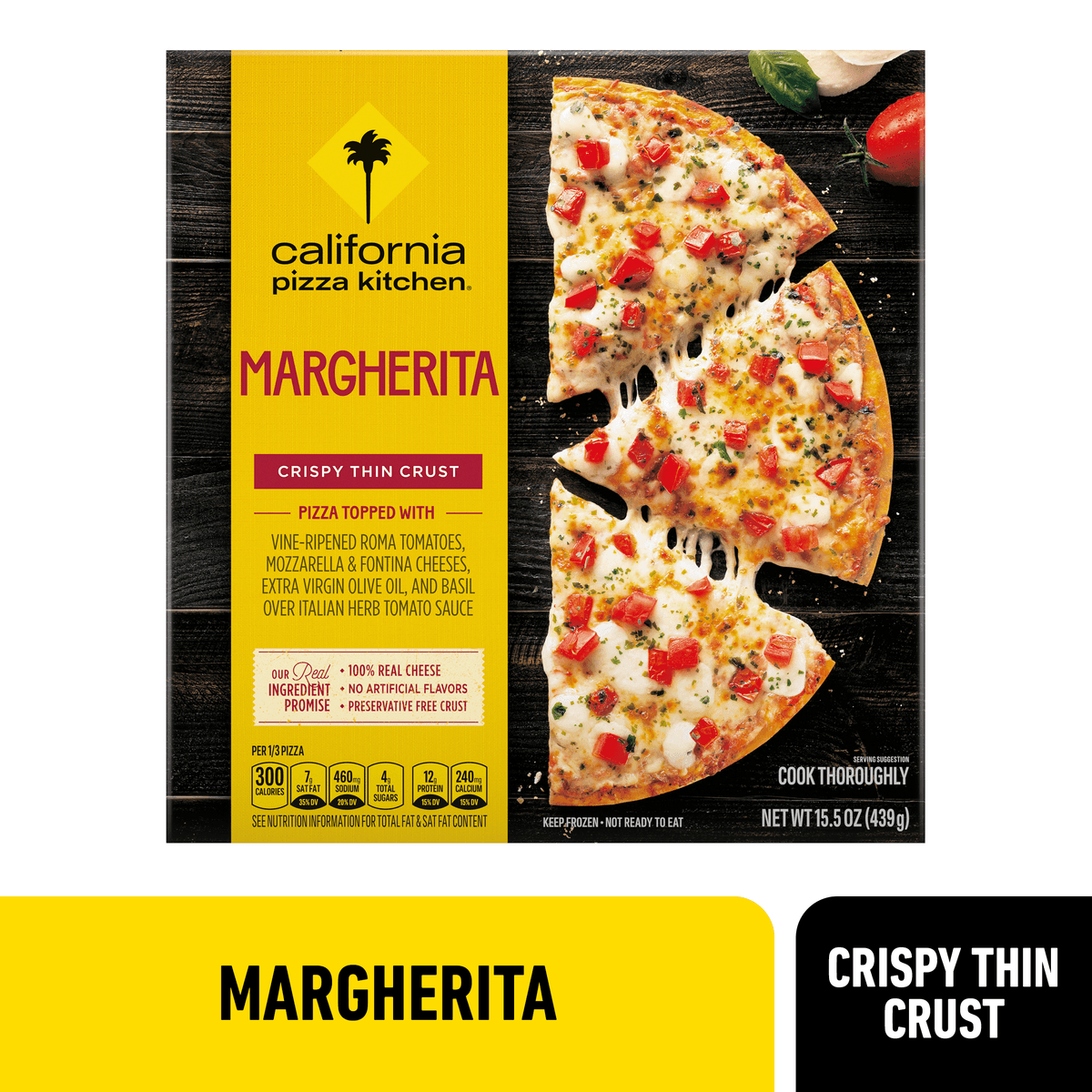 Margherita Topped with Vine-Ripened Roma Tomatoes, Extra Virgin Olive Oil, Sweet Basil, Mozzarella & Fontina Cheeses Over Tomato Basil Sauce Crispy Thin Crust Pizza