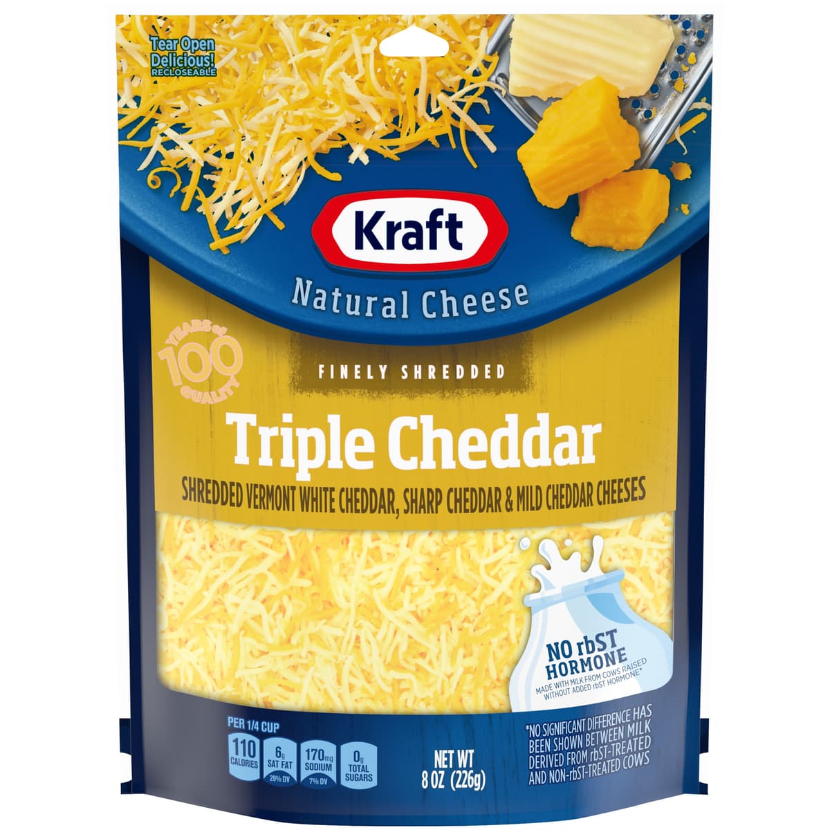 Triple Cheddar Finely Shredded Vermont White Cheddar, Sharp Cheddar & Mild Cheddar Cheeses