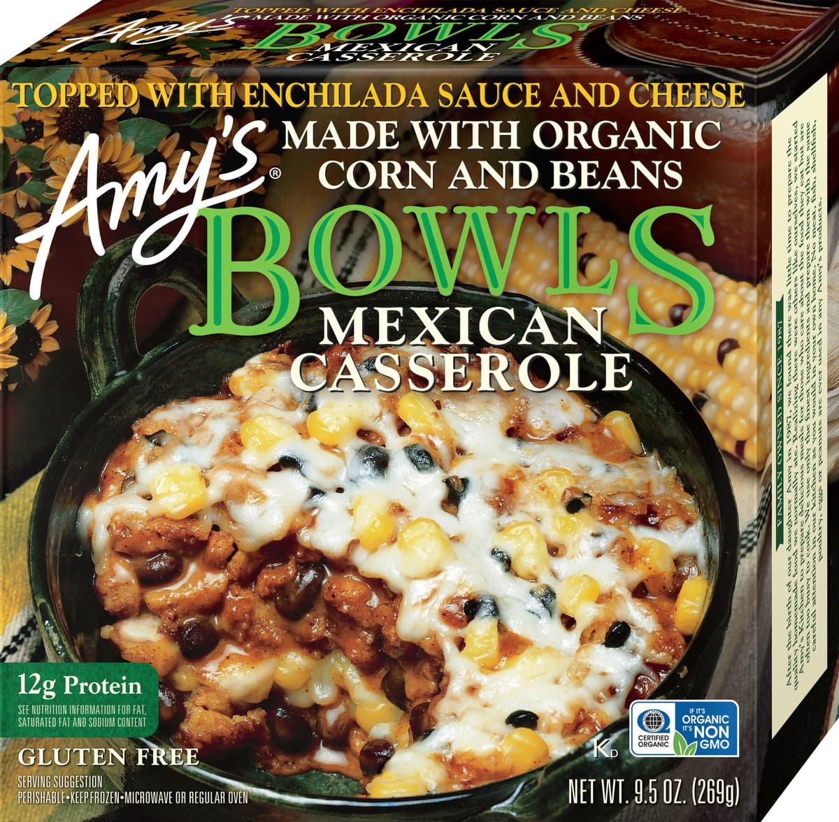 Mexican Casserole Topped with Enchilada Sauce and Cheese Made with Organic Corn and Beans Bowls