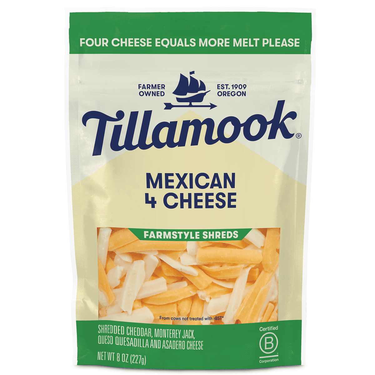 MEXICAN 4 CHEESE FARMSTYLE THICK CUT SHREDDED CHEDDAR, MONTEREY JACK, QUESO QUESADILLA AND ASADERO CHEESES, MEXICAN 4 CHEESE