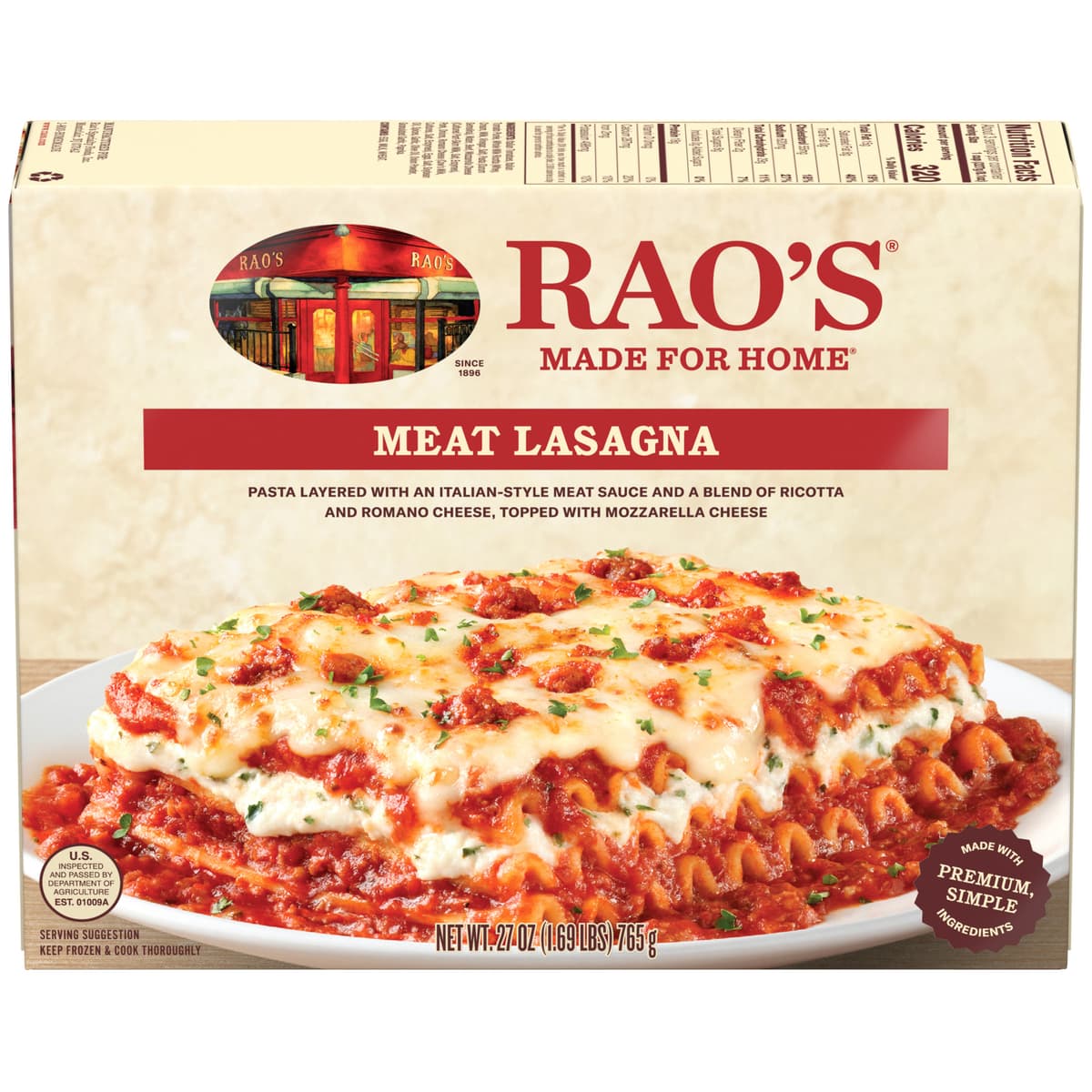 Meat Lasagna Pasta Layered With Ricotta, Mozzarella, Beef, Sausage & Marinara Sauce