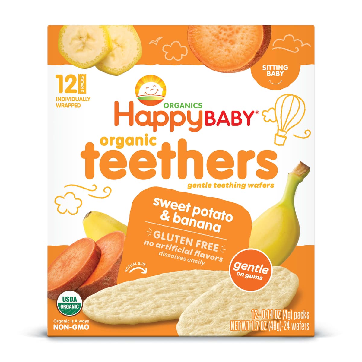 Happybaby Organics 12 Pack Sitting Baby Sweet Potato & Banana Teethers 12 - 0.14 Oz Packs