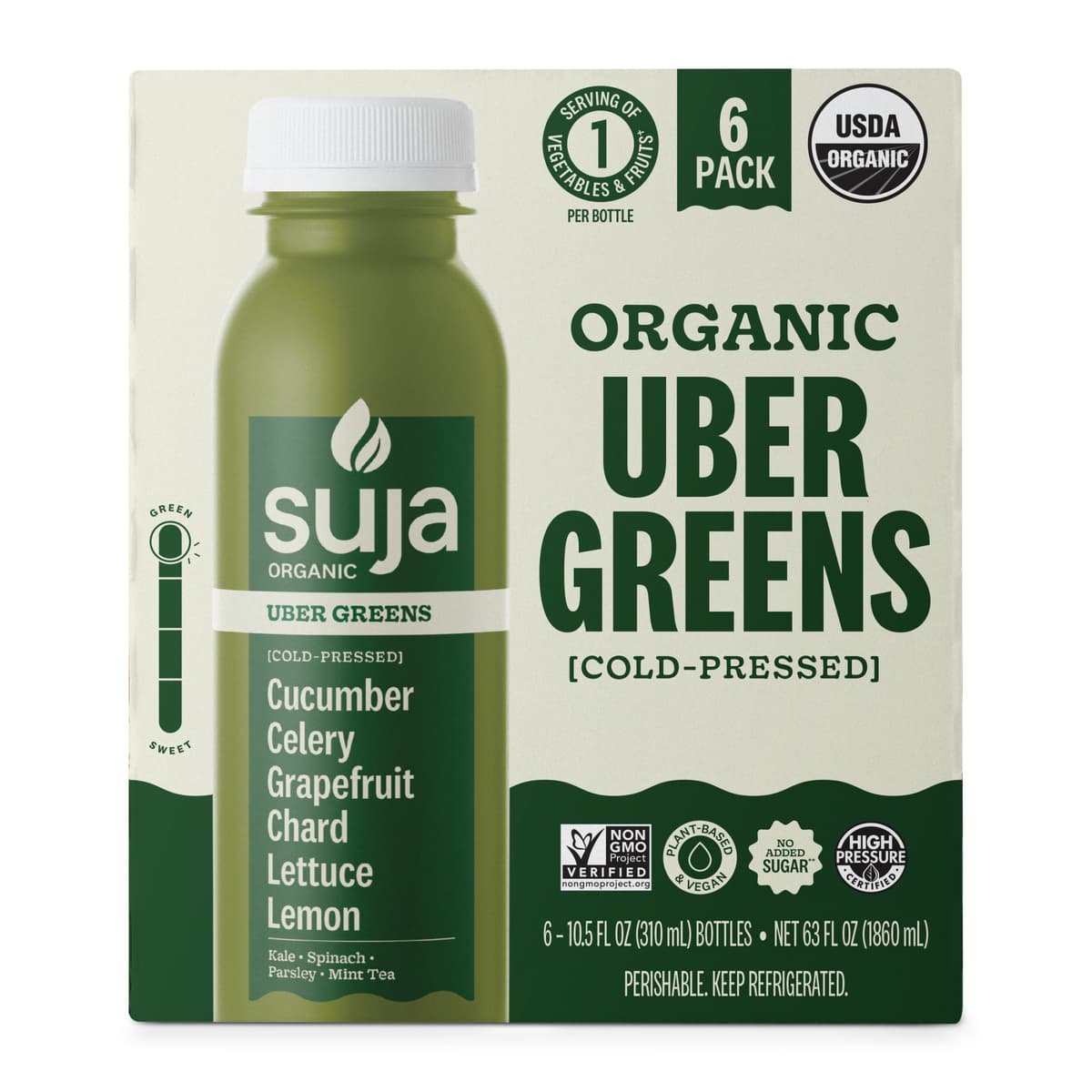 Organic Cucumber, Celery, Grapefruit, Green Chard, Green Leaf Lettuce, Lemon Kale Spinach Parsley Uber Greens Mint Tea, Fruit & Vegetable Juice Smoothie